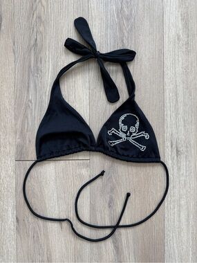 Vintage 07 Victoria's Secret Black Rhinestone Skull Bikini Top Only, Size Small